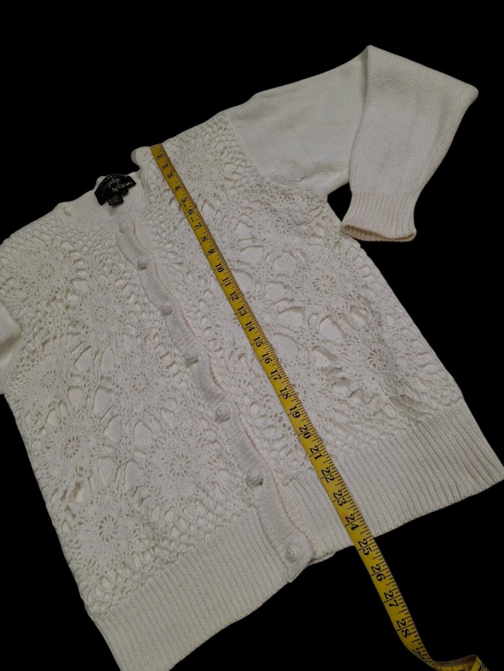 Vintage Jacquelyn by Browne Crochet Cardigan Sweater Ivory Button-Up Small - Picture 13 of 14